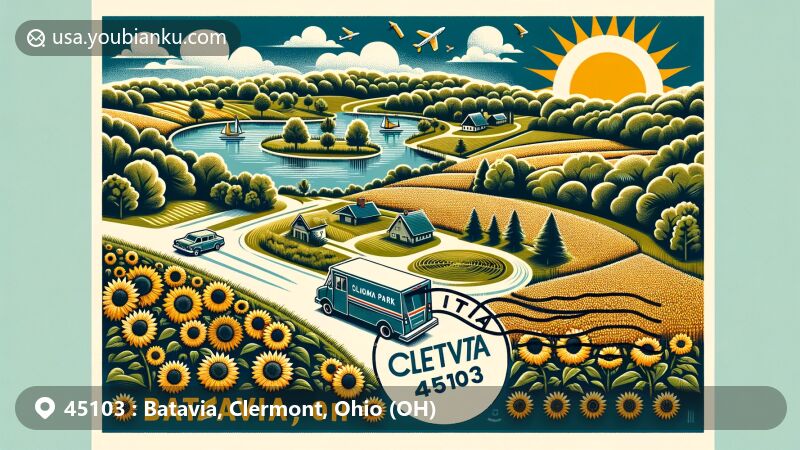 Modern illustration of Batavia, Clermont County, Ohio, showcasing postal theme with ZIP code 45103, featuring Clingman Park's trails, meadows, and sunflower fields.