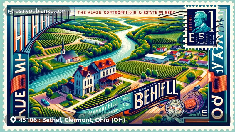 Modern illustration of Bethel village, Clermont County, Ohio, featuring East Fork State Park and Harmony Hill Vineyards & Estate Winery, with U.S. Grant Birthplace integrated, framed in a vintage air mail envelope.