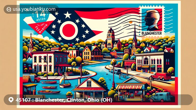 Modern illustration of Blanchester, Ohio, with ZIP code 45107, showcasing village's charm, landmarks, and culture, including Blanchester Public Library, Clarence J. Brown, and Ohio state flag.