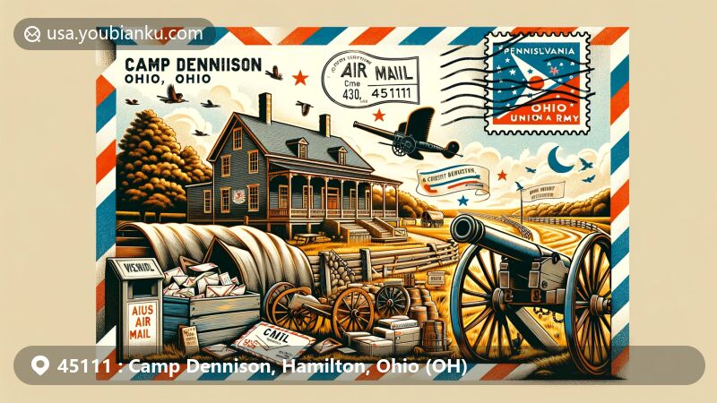 Vibrant illustration of Camp Dennison, Hamilton, Ohio, featuring Christian Waldschmidt Homestead in Pennsylvania Dutch architecture style. Depicts Civil War history with cannon, Union army memorabilia, airmail envelope with ZIP code 45111 and Ohio postal stamp, mailbox, and mail delivery wagon.