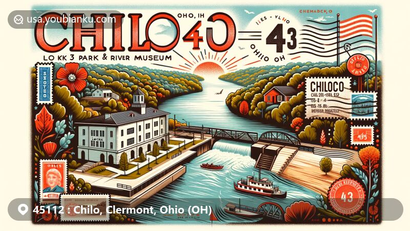 Modern illustration of Chilo Lock 34 Park and River Museum in Chilo, Ohio, resembling a postcard with postal elements, showcasing the region's natural beauty and river transportation history.