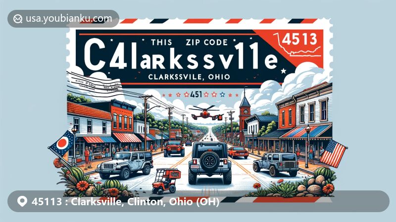 Modern illustration of Clarksville, Ohio, representing ZIP code 45113, featuring Main Street, Jeep Jam event, postal envelope, Jeep vehicles, Ohio state flag, and community spirit.