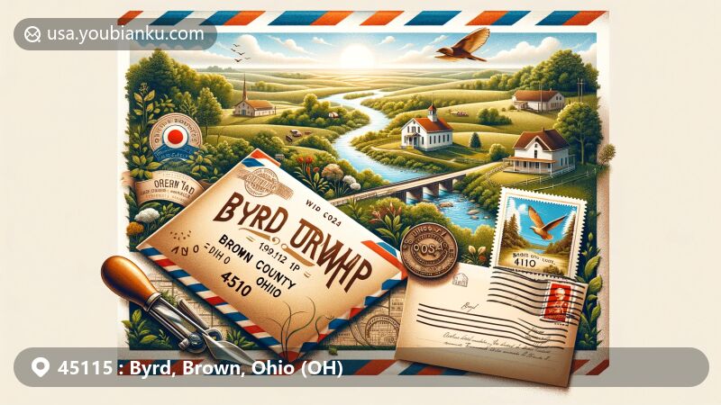 Modern illustration of Byrd Township, Brown County, Ohio, showcasing postal theme with ZIP code 45115, featuring vintage-style postal envelope with Ohio map outline and postal motifs, set against rural backdrop with old mill and greenery.
