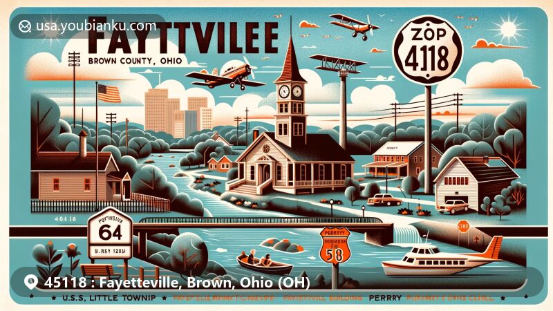 Modern illustration of Fayetteville, Brown County, Ohio, showcasing village charm with key landmarks like U.S. Route 68, Fayetteville Municipal Building, and symbolic East Fork Little Miami River.