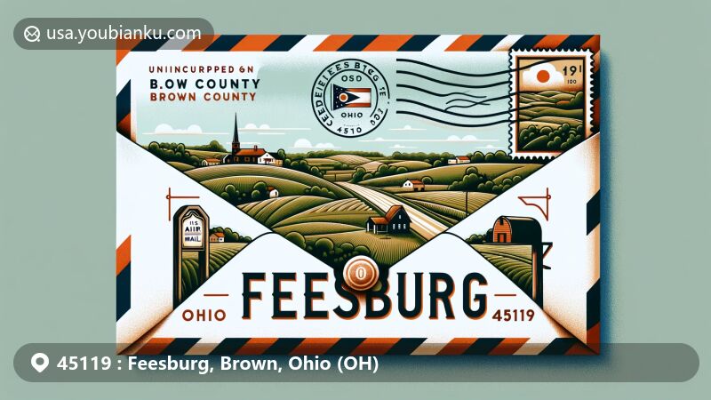 Modern illustration of Feesburg, Ohio, featuring postal theme with ZIP code 45119, showcasing rural landscape within Brown County, including State Route 505 and Ohio state symbols.