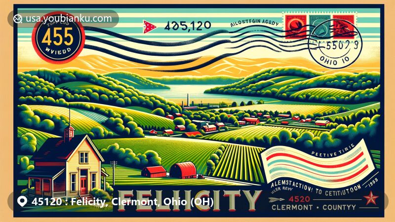 Modern illustration of Felicity, Clermont County, Ohio, capturing natural beauty with rolling hills, green forests, and farmland, featuring Ohio state flag elements and proximity to Ohio River.