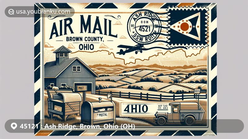 Modern illustration of Ash Ridge, Brown County, Ohio, showcasing postal theme with ZIP code 45121, featuring vintage airmail envelope depicting local elements like Brown County map outline and rural landscapes, including rolling hills or farmlands.
