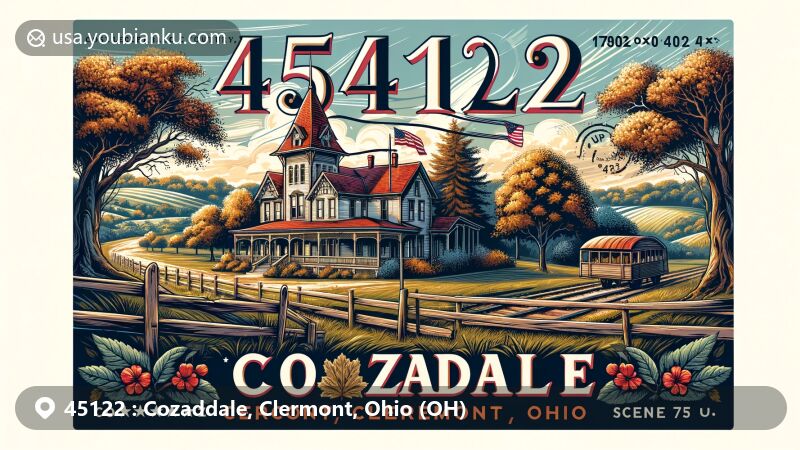 Modern illustration of Cozaddale, Clermont County, Ohio, featuring U.S. Grant Birthplace, scenic nature views, and community attractions like Scene 75, encapsulating the region's charm and heritage.