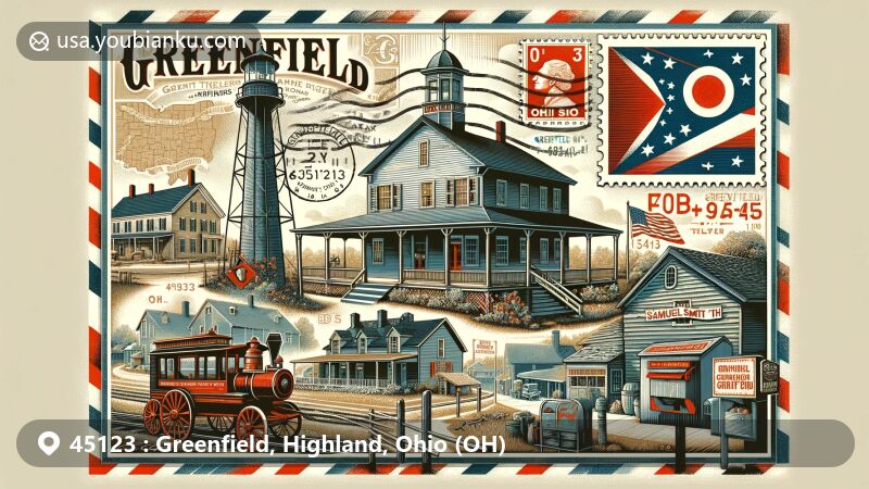 Modern illustration of Greenfield, Ohio, highlighting historic landmarks like Travellers' Rest Inn and Samuel Smith House and Tannery, featuring vintage postcard style with Ohio state symbols and postal elements.