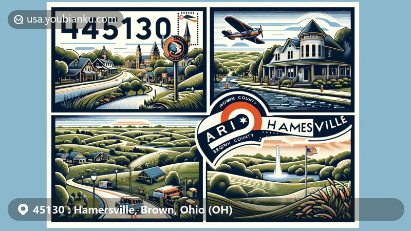 Modern illustration of Hamersville, Ohio, depicting rural scenery of Brown County with rolling hills and green vegetation, featuring Friendly Meadows Golf Course and historic Main Street (Ohio State Route 125), themed around air mail envelope with postal elements and white-tailed deer.