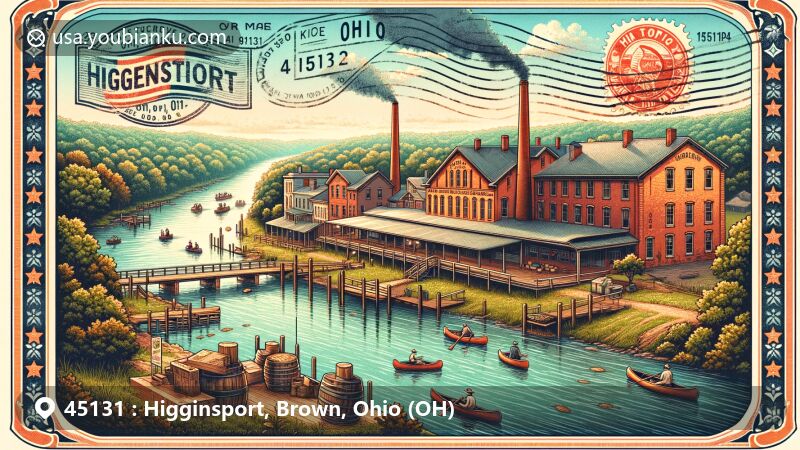 Modern illustration of Higginsport, Brown County, Ohio, capturing rural charm and outdoor activities along the Ohio River, featuring historic tobacco warehouses, vintage stamps with ZIP code 45131, and iconic Ohio symbols.