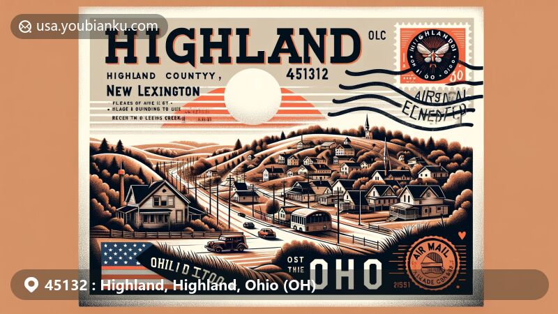 Modern illustration of Highland, Highland County, Ohio, showcasing postal theme with ZIP code 45132, emphasizing original name New Lexington and historic setting on Lees Creek slope.