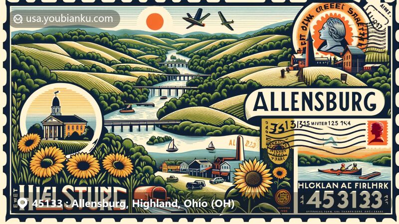 Modern illustration of Allensburg, Highland County, Ohio, showcasing ZIP code 45133 with geographical landmarks, including Fort Hill State Memorial, Paint Creek State Park, and Rocky Fork State Park, combining hilly landscapes and iconic postal symbols.
