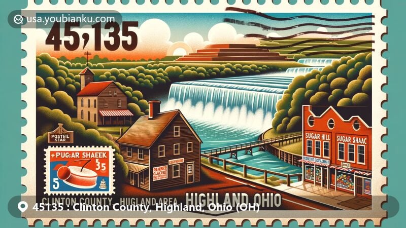 Modern illustration of Highland, Clinton County, Ohio, showcasing postal theme with ZIP code 45135, featuring Paint Creek State Park, Sugar Shack candy store, and Fort Hill Earthworks.