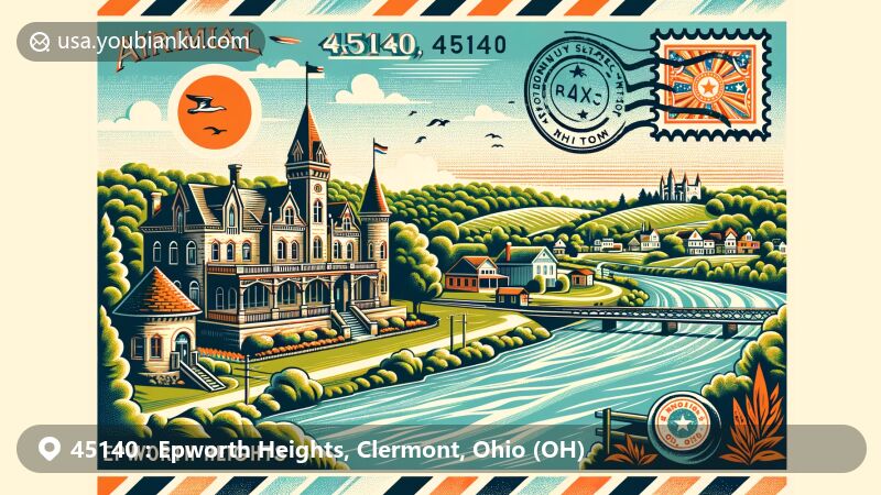 Modern illustration of Epworth Heights, Clermont County, Ohio, evoking vintage postcard vibe with Loveland Castle and scenic Miami Township views.
