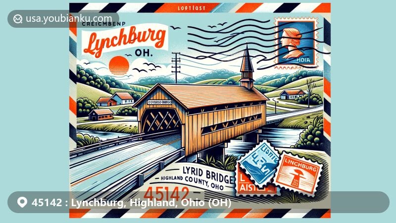 Modern illustration of Lynchburg, Highland County, Ohio, highlighting postal theme with ZIP code 45142, featuring Lynchburg Covered Bridge and rural elements.