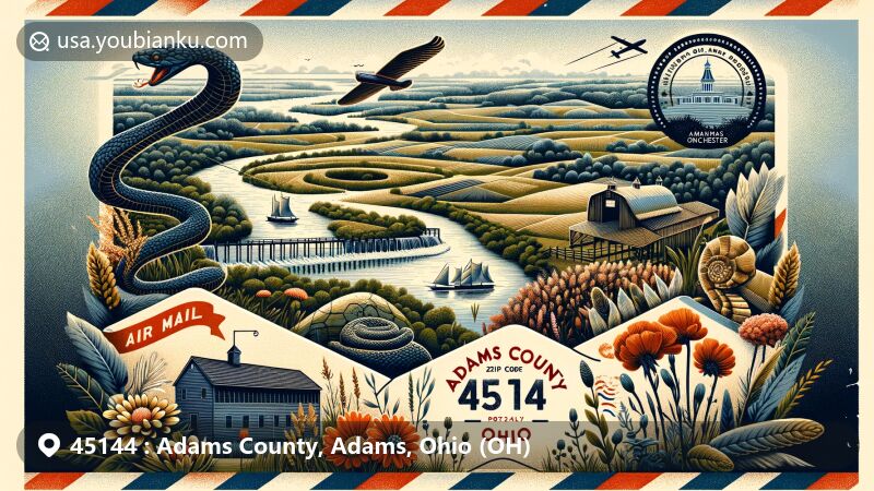 Vintage air mail envelope frame with landmarks and natural beauty of Adams County, Ohio, ZIP code 45144, featuring Serpent Mound, Harshaville Covered Bridge, and Ohio River, highlighting local flora and fauna.