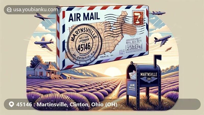 Modern illustration of Martinsville, Ohio, featuring an airmail envelope with village map outline, stamped '45146 Martinsville, OH' and showcasing Peaceful Acres Lavender Farm. Lavender fields symbolize tranquility, with a prominent American mailbox and scattered letters with various ZIP Codes in the background.