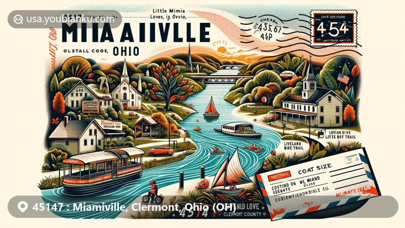 Modern illustration of Miamiville, Ohio, highlighting ZIP code 45147 area with Little Miami River, Loveland Bike Trail, and Miami Boat Club, integrating postal-themed elements like stamp and envelope, showcasing rich history and natural beauty of the region.