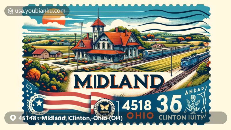 Modern illustration of Midland, Clinton County, Ohio, displaying postal theme for ZIP code 45148, featuring former B&O train station and rural village landscape.