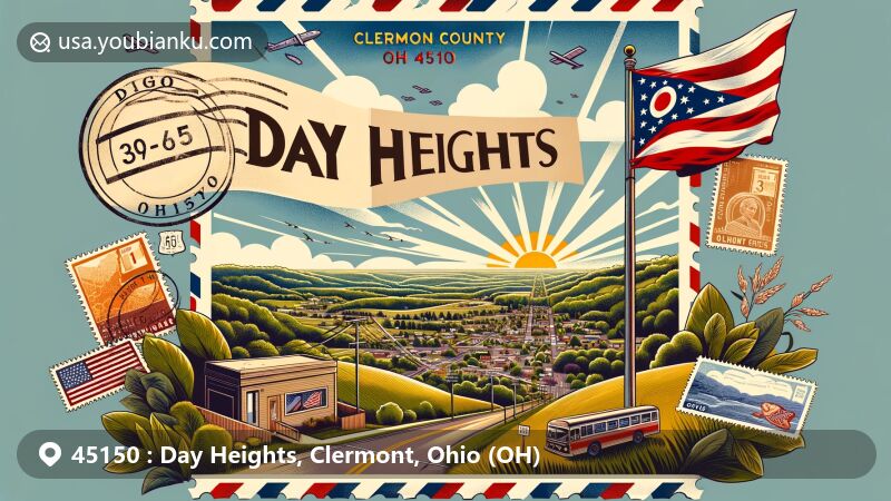 Modern illustration of Day Heights, Clermont County, Ohio, featuring postal card design with stamps and postmark, showcasing Ohio state flag and Route 131.