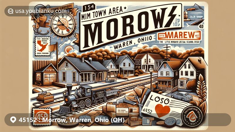 Modern illustration of Morrow, Warren County, Ohio, highlighting postal theme with ZIP code 45152, showcasing railroad heritage and small-town charm.