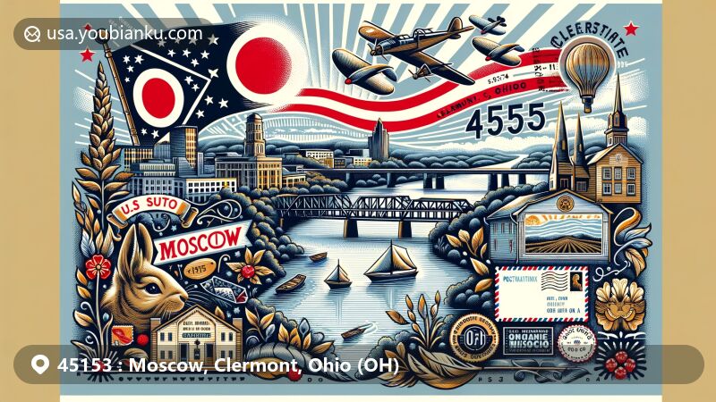 Modern illustration of Moscow, Clermont County, Ohio, capturing geographical and cultural essence, featuring Ohio River, historical resilience, recovery from 2012 tornado, and postal elements with ZIP code 45153, vintage air mail envelope, stamps, and postmark.