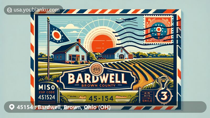 Modern illustration of Bardwell, Brown County, Ohio, showcasing postal theme with ZIP code 45154, highlighting Bardwell Winery as a landmark.