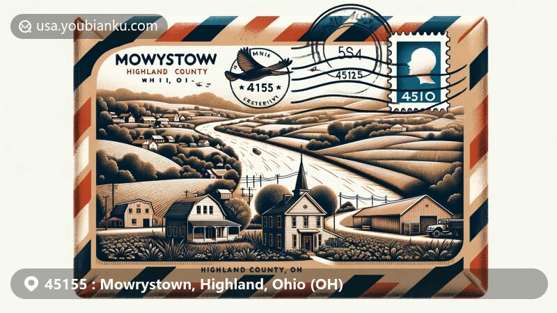 Whimsical illustration of Mowrystown, Highland County, Ohio, resembling an airmail envelope with ZIP code 45155, stamps, and postmarks, capturing the essence of Midwestern small-town life and postal culture.