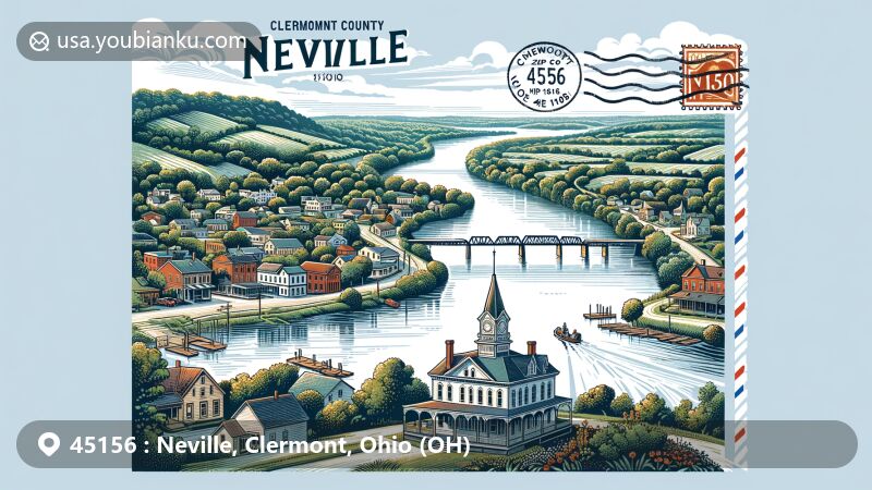 Modern illustration of Neville village, Clermont County, Ohio, featuring Ohio River scenery and historic charm, referencing its establishment in 1808 by General Presley Neville and resilience through challenges like the 1997 Ohio River Valley flood. Clermont County symbolism with clear hills, part of Cincinnati metro area. Postal elements include vintage postcard, ZIP code 45156, stamps, postmark.