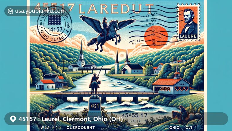 Modern illustration of Laurel, Clermont County, Ohio, featuring postal theme with ZIP code 45157, including postcard and air mail envelope design, postage stamp, postmark, and digital communication symbols.