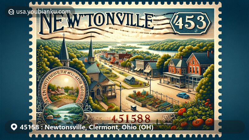 Modern illustration of Newtonsville, Ohio (Clermont County), capturing the essence of a friendly small town with lush foliage and scenic beauty, featuring a detailed postage stamp with ZIP code 45158 and iconic symbols of local charm.