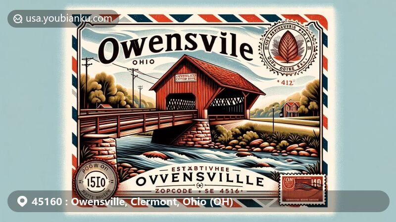 Vivid illustration of Owensville, Ohio, showcasing postal theme with ZIP code 45160, featuring Stonelick Covered Bridge and vintage post office.