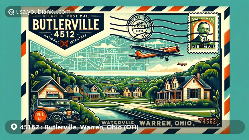 Modern illustration of Butlerville, Warren, Ohio (OH), showcasing postal theme with a vintage airmail envelope, National Packard Museum stamp, serene village landscape, and ZIP code 45162, depicting local charm and Warren County map.
