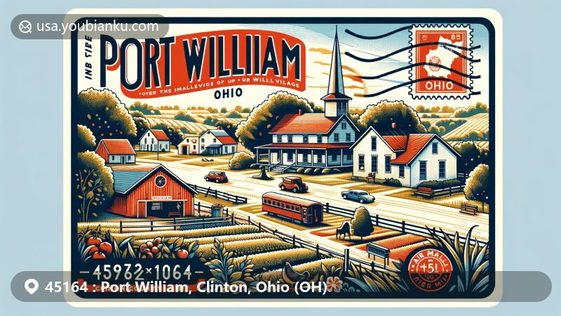 Modern illustration of Port William, Ohio, showcasing postal theme with ZIP code 45164, emphasizing village's rural charm and rich history, established in 1832 with a close-knit community of over 200 residents. Features vintage postmark, stamp, and air mail envelope edge.