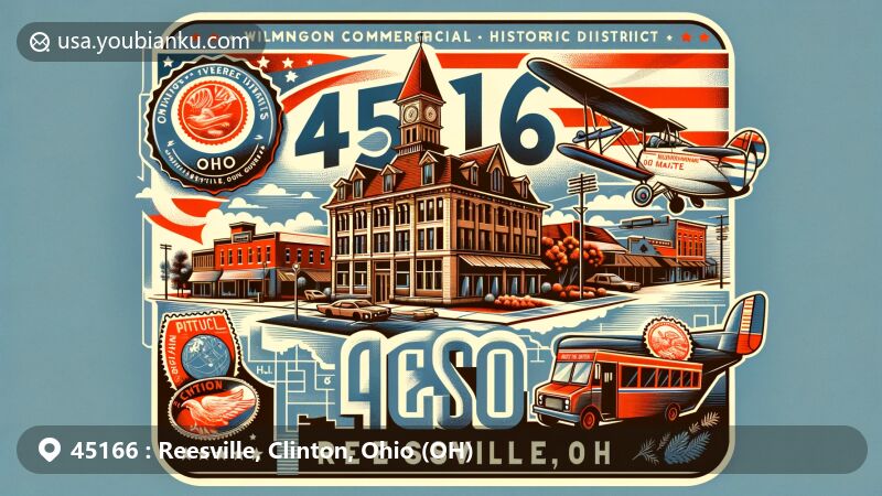 Dynamic illustration of the Reesville area, Clinton County, Ohio, highlighting ZIP code 45166 and the Wilmington Commercial Historic District, featuring vintage postal elements and Ohio state symbols.