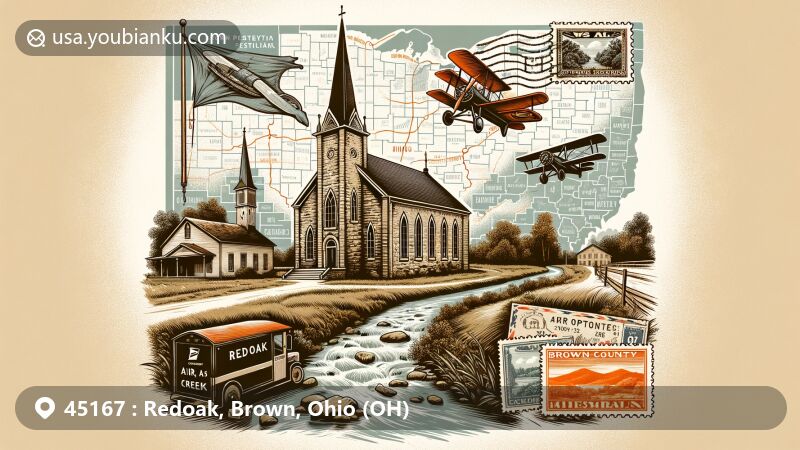 Illustration of Redoak, Brown County, Ohio, showcasing historical and postal heritage with features like Red Oak Presbyterian Church, Redoak Creek, and postal elements like airmail envelope and postmark with ZIP code 45167.