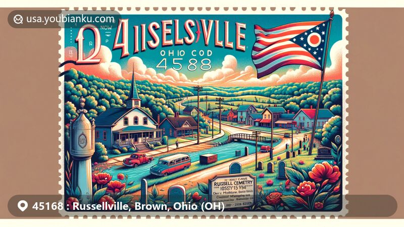Modern illustration of Russellville, Ohio, in Brown County, highlighting postal code 45168, with landmarks like Russellville Elementary School and Russell Shaw's grave in Shaw Cemetery. Ohio landscape in the background accentuates village location. Vintage postcard format with postage stamp border and ZIP code. Ohio state flag symbolizes state pride, creating a welcoming and vibrant village community.