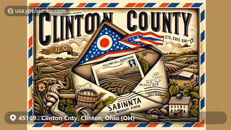Modern illustration of Sabina, Clinton County, Ohio, showcasing postal theme with ZIP code 45169, featuring vintage air mail envelope, postcard of Wilmington cityscape, and symbolic representations of county's geography and history.