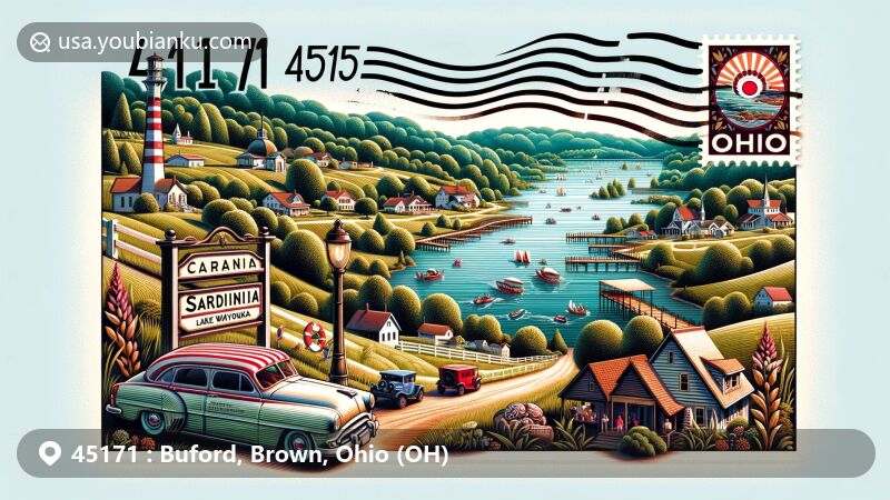 Modern illustration of Sardinia, Buford, and Lake Waynoka, covering ZIP code 45171 in Brown and Highland Counties, Ohio, featuring tranquil countryside, Lake Waynoka, local community gathering, vintage postal elements, and Ohio state symbols.