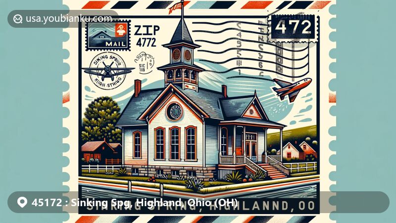Modern illustration of Sinking Spring, Highland County, Ohio, showcasing postal theme with ZIP code 45172, featuring the Octagonal Schoolhouse and vintage air mail elements.