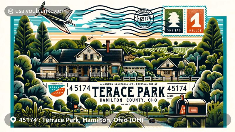 Modern illustration depicting the essence of Terrace Park, Hamilton County, Ohio, with a creatively designed postcard showcasing lush greenery, tree-lined streets, and a sense of tight-knit community. Features ZIP Code 45174, iconic symbols like a mailbox, postage stamps, and 'Terrace Park, OH' postmark.