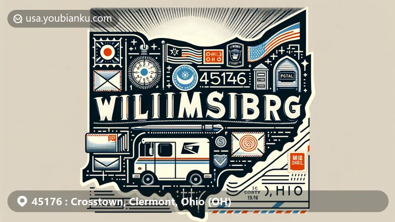 Modern illustration of Williamsburg, Clermont County, Ohio, showcasing postal theme with ZIP code 45176, featuring Ohio state flag and postal elements like stamps, postmark, mailbox, and mail truck.