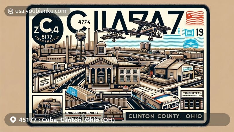 Modern illustration of Cuba, Clinton County, Ohio, featuring postal theme with ZIP code 45177, showcasing iconic landmarks like US Route 68 and Interstate 350, post office, and Cuba Friends Meeting House, highlighting Wilmington Air Park and TimberTech company.