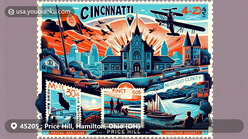 Modern illustration of Price Hill, Cincinnati, Ohio, highlighting ZIP code 45205 and iconic landmarks such as Mt. Echo Park, Price Hill Library, and Covedale Center for the Performing Arts.