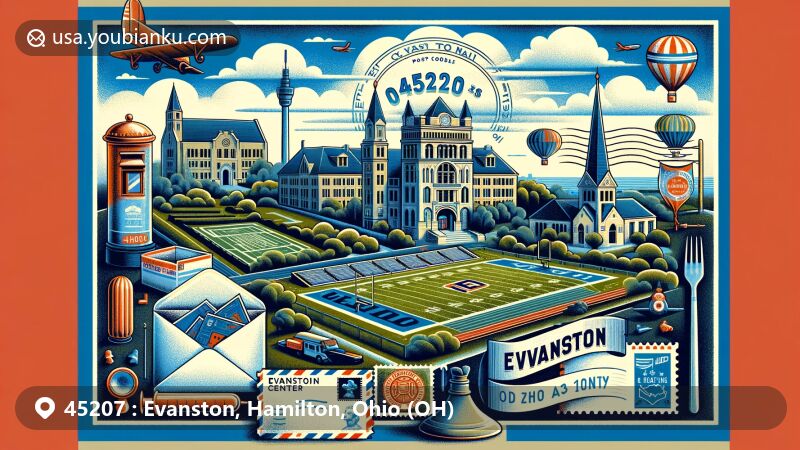 Modern illustration of Evanston, Hamilton, Ohio, blending cultural and geographical landmarks such as the Cintas Center, the United Jewish Cemetery, and Corcoran Field, with vintage postal elements like air mail envelope, stamps, and postmark.
