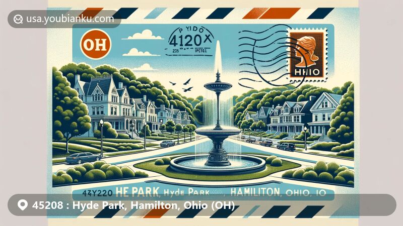 Modern illustration of Hyde Park, Hamilton, Ohio, featuring Hyde Park Square, Kilgour Fountain, residential buildings, and green trees on an airmail envelope with a postage stamp bearing '45208' and 'OH' for Hamilton County, Ohio, and a postmark 'Hyde Park, Hamilton, Ohio'. Vibrant colors and intricate details capture the essence of Hyde Park's local charm and postal elements.