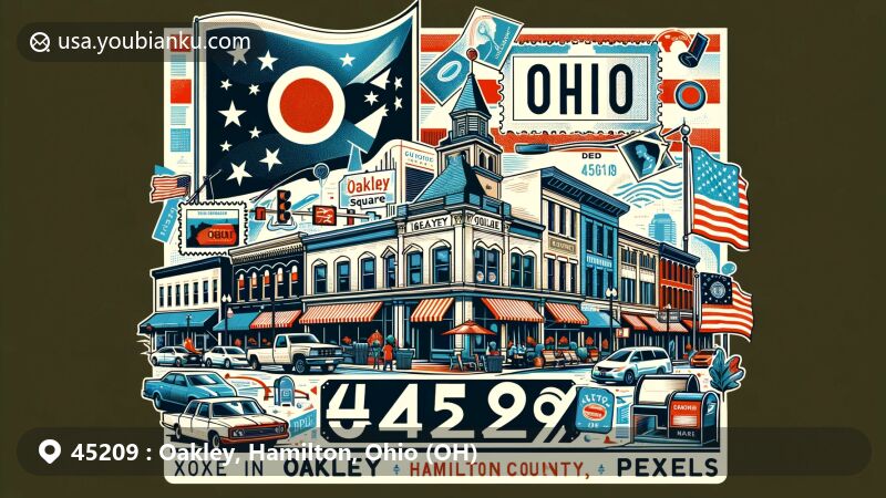 Modern illustration of Oakley Square, Hamilton County, Ohio, highlighting vibrant commercial district with shopping, dining, and pedestrian-friendly streets along Madison Road, featuring Ohio state symbols and postal elements like postcards, stamps, and postmarks.