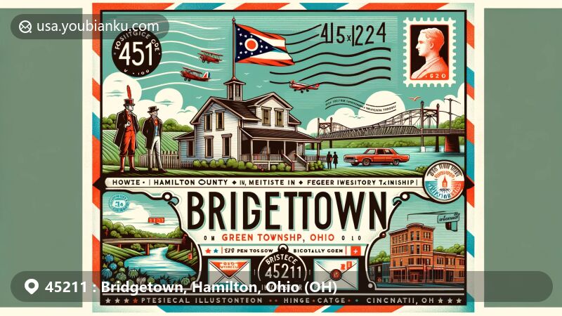 Modern illustration of Bridgetown, Hamilton County, Ohio, highlighting postal theme with ZIP code 45211, featuring Green Township and former Western Hills Airport.