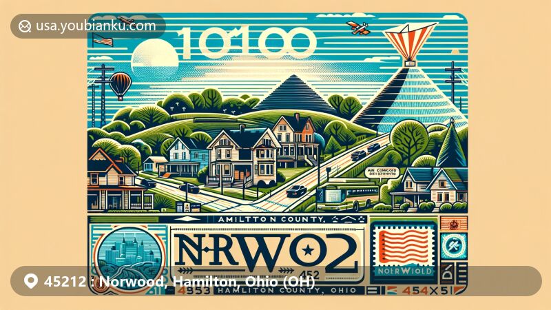 Modern illustration of Norwood, Hamilton County, Ohio, highlighting unique postal theme with ZIP code 45212, showcasing Norwood's charm, historical landmarks, and postal elements.